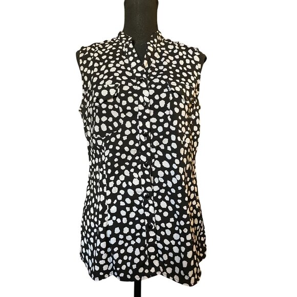 Notations Medium Sleeveless Tunic Top Black White Pattern Mandarin Neck Pocket - Picture 3 of 11